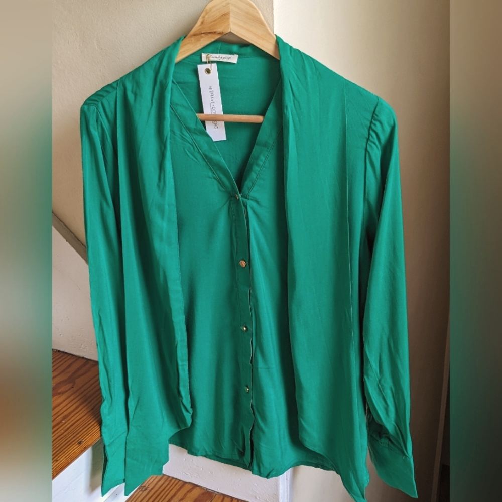 Sunday Up, Jade Green Blouse, Button Down, Tie, Women's medium